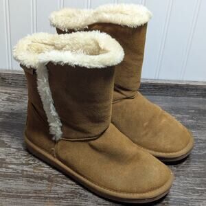 Minnetonka Women's Tan Mid Calf Suede Faux Fur Slip On Boots Size 8 M